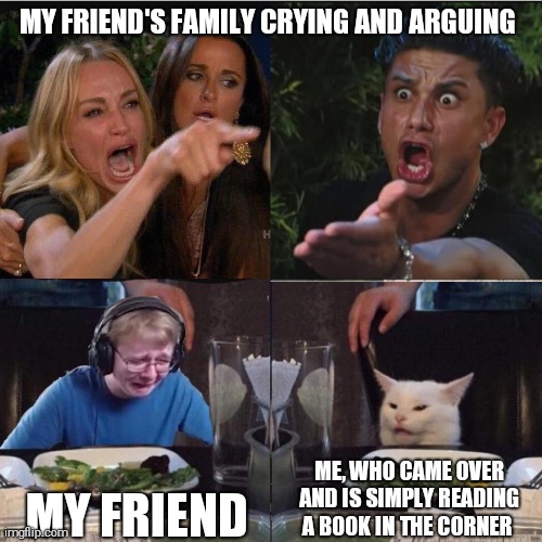 Four panel Taylor Armstrong Pauly D CallmeCarson Cat | MY FRIEND'S FAMILY CRYING AND ARGUING; ME, WHO CAME OVER AND IS SIMPLY READING A BOOK IN THE CORNER; MY FRIEND | image tagged in four panel taylor armstrong pauly d callmecarson cat | made w/ Imgflip meme maker