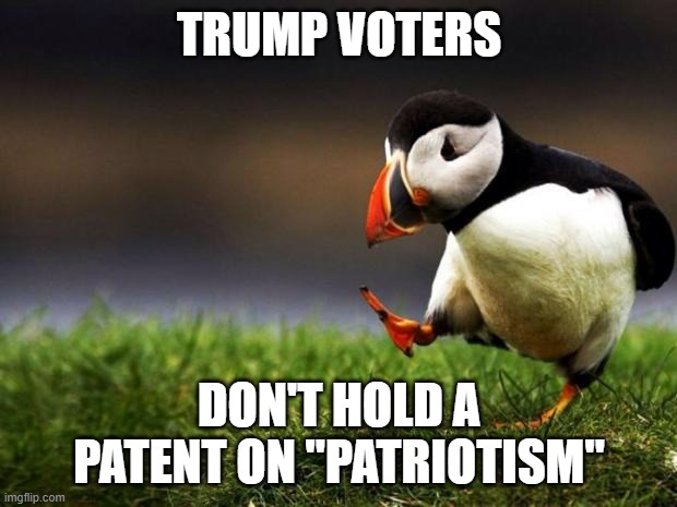 Unpopular Opinion Puffin Meme | TRUMP VOTERS DON'T HOLD A PATENT ON "PATRIOTISM" | image tagged in memes,unpopular opinion puffin | made w/ Imgflip meme maker