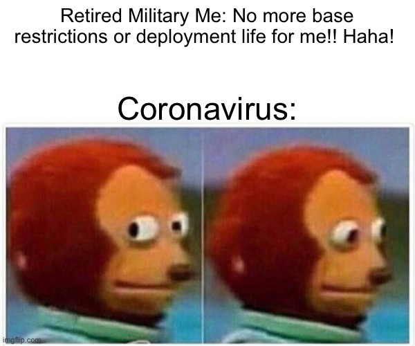 Monkey Puppet Meme | Retired Military Me: No more base restrictions or deployment life for me!! Haha! Coronavirus: | image tagged in memes,monkey puppet | made w/ Imgflip meme maker