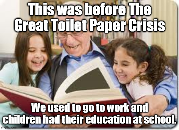 Storytelling Grandpa Meme | This was before The Great Toilet Paper Crisis; We used to go to work and children had their education at school. | image tagged in memes,storytelling grandpa | made w/ Imgflip meme maker