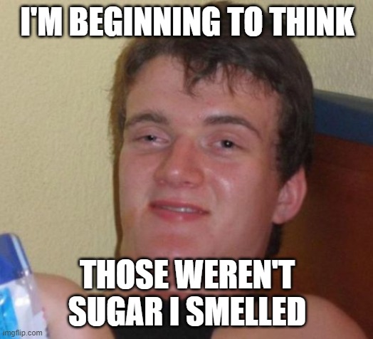 10 Guy Meme | I'M BEGINNING TO THINK THOSE WEREN'T SUGAR I SMELLED | image tagged in memes,10 guy | made w/ Imgflip meme maker