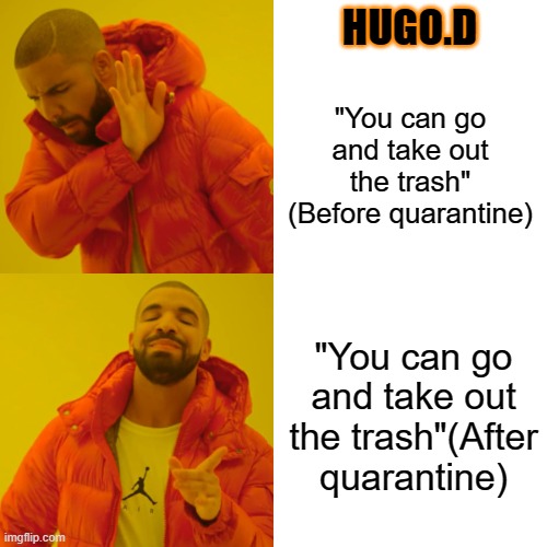 Drake Hotline Bling Meme | HUGO.D; "You can go and take out the trash" (Before quarantine); "You can go and take out the trash"(After quarantine) | image tagged in memes,drake hotline bling | made w/ Imgflip meme maker