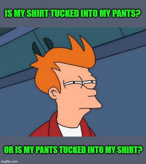 hummmmm? | IS MY SHIRT TUCKED INTO MY PANTS? OR IS MY PANTS TUCKED INTO MY SHIRT? | image tagged in memes,futurama fry | made w/ Imgflip meme maker