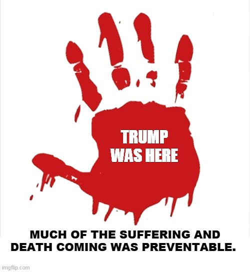 A President With Blood on His Hands | TRUMP WAS HERE; MUCH OF THE SUFFERING AND DEATH COMING WAS PREVENTABLE. | image tagged in trump,coronavirus,covid-19,blood,hands,incompetence | made w/ Imgflip meme maker