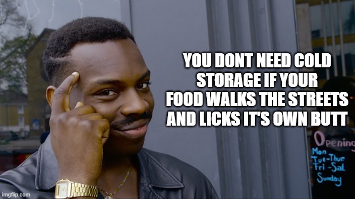 You can't if you don't | YOU DONT NEED COLD STORAGE IF YOUR FOOD WALKS THE STREETS AND LICKS IT'S OWN BUTT | image tagged in you can't if you don't | made w/ Imgflip meme maker