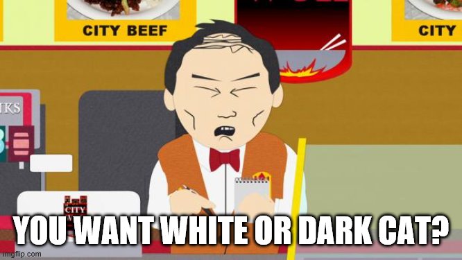 South-Park-Chinese-Guy | YOU WANT WHITE OR DARK CAT? | image tagged in south-park-chinese-guy | made w/ Imgflip meme maker