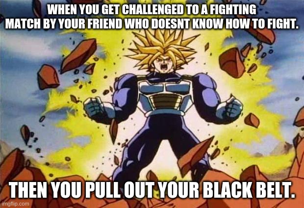 Dragon ball z | WHEN YOU GET CHALLENGED TO A FIGHTING MATCH BY YOUR FRIEND WHO DOESNT KNOW HOW TO FIGHT. THEN YOU PULL OUT YOUR BLACK BELT. | image tagged in dragon ball z | made w/ Imgflip meme maker