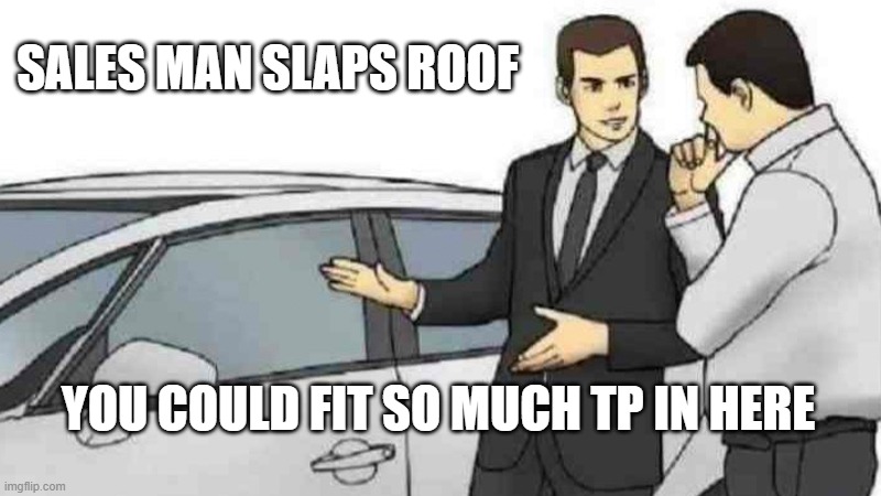 Car Salesman Slaps Roof Of Car | SALES MAN SLAPS ROOF; YOU COULD FIT SO MUCH TP IN HERE | image tagged in memes,car salesman slaps roof of car | made w/ Imgflip meme maker