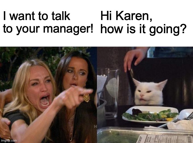 Woman Yelling At Cat | I want to talk to your manager! Hi Karen, how is it going? | image tagged in memes,woman yelling at cat | made w/ Imgflip meme maker