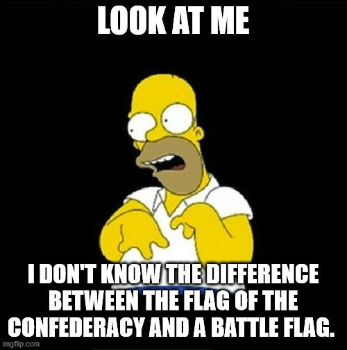 Homer Simpson Retarded | LOOK AT ME I DON'T KNOW THE DIFFERENCE BETWEEN THE FLAG OF THE CONFEDERACY AND A BATTLE FLAG. | image tagged in homer simpson retarded | made w/ Imgflip meme maker