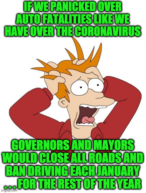 WHATEVER it takes to save a single life is worth it ... right? | IF WE PANICKED OVER AUTO FATALITIES LIKE WE HAVE OVER THE CORONAVIRUS; GOVERNORS AND MAYORS WOULD CLOSE ALL ROADS AND BAN DRIVING EACH JANUARY . . . FOR THE REST OF THE YEAR | image tagged in panic,coronavirus,covid-19,government stupidity | made w/ Imgflip meme maker