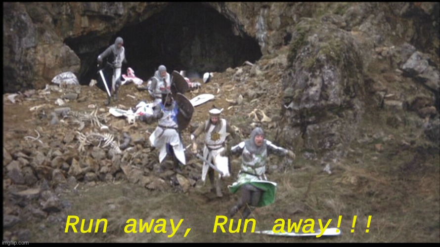 Run Away Monty Python | Run away, Run away!!! | image tagged in run away monty python | made w/ Imgflip meme maker