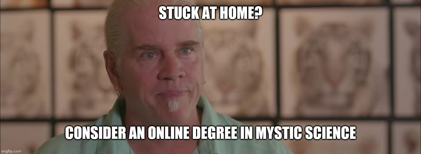 STUCK AT HOME? CONSIDER AN ONLINE DEGREE IN MYSTIC SCIENCE | image tagged in tiger king | made w/ Imgflip meme maker