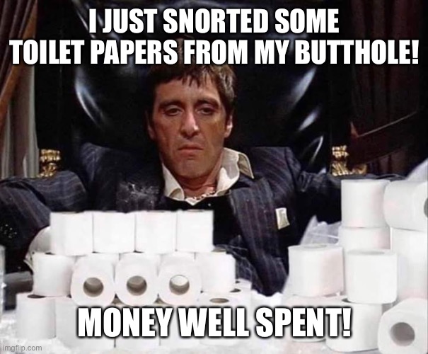 Scarface Stash | I JUST SNORTED SOME TOILET PAPERS FROM MY BUTTHOLE! MONEY WELL SPENT! | image tagged in scarface stash,snorted,toilet paper,butthole,money,well spent | made w/ Imgflip meme maker