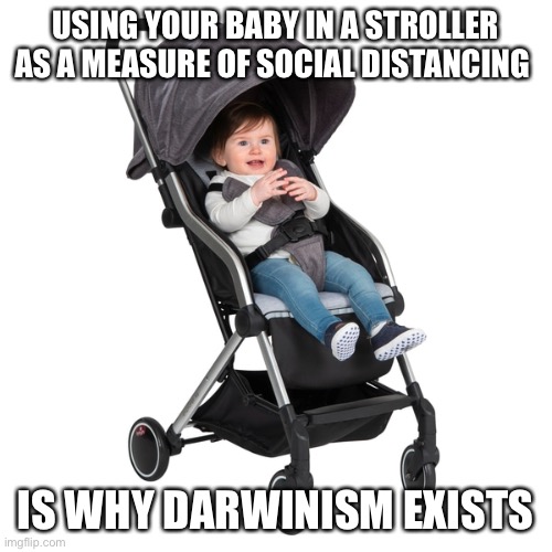 Coronavirus social distancing stupidity | USING YOUR BABY IN A STROLLER AS A MEASURE OF SOCIAL DISTANCING; IS WHY DARWINISM EXISTS | image tagged in stroller,coronavirus,baby,social distancing,darwin award | made w/ Imgflip meme maker