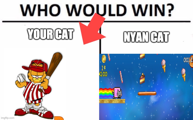 garfield vs nyan cat | YOUR CAT; NYAN CAT | image tagged in garfield | made w/ Imgflip meme maker