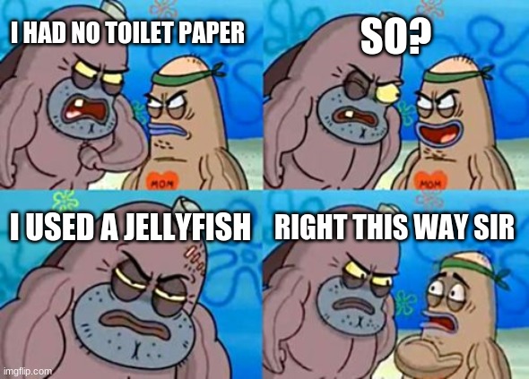 How Tough Are You Meme | SO? I HAD NO TOILET PAPER; I USED A JELLYFISH; RIGHT THIS WAY SIR | image tagged in memes,how tough are you | made w/ Imgflip meme maker