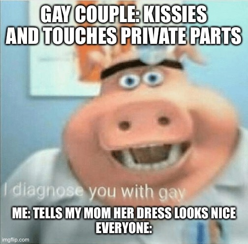 I diagnose you with gay | GAY COUPLE: KISSIES AND TOUCHES PRIVATE PARTS; ME: TELLS MY MOM HER DRESS LOOKS NICE
EVERYONE: | image tagged in i diagnose you with gay | made w/ Imgflip meme maker