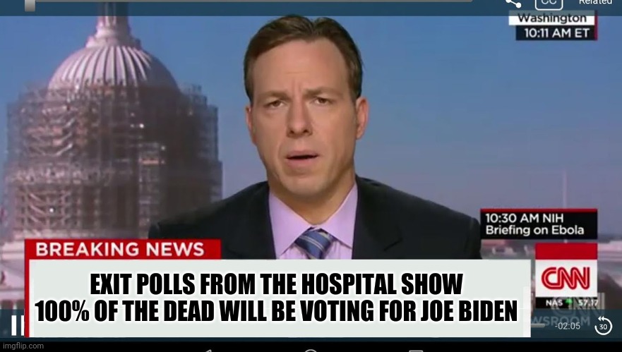 cnn breaking news template | EXIT POLLS FROM THE HOSPITAL SHOW 100% OF THE DEAD WILL BE VOTING FOR JOE BIDEN | image tagged in cnn breaking news template | made w/ Imgflip meme maker