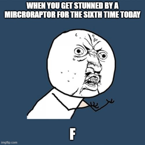 Y U No | WHEN YOU GET STUNNED BY A MIRCRORAPTOR FOR THE SIXTH TIME TODAY; F | image tagged in memes,y u no | made w/ Imgflip meme maker