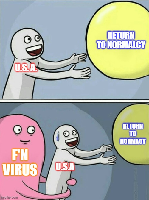 Will it end? | RETURN TO NORMALCY; U.S. A. RETURN TO NORMACY; F'N VIRUS; U.S.A | image tagged in memes,running away balloon | made w/ Imgflip meme maker