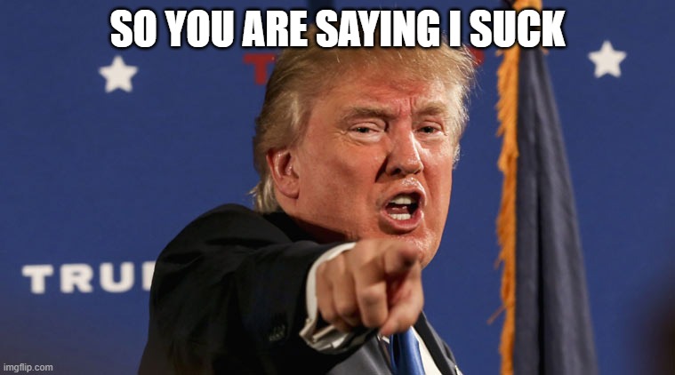 trump-angry-finger-fake-news | SO YOU ARE SAYING I SUCK | image tagged in trump-angry-finger-fake-news | made w/ Imgflip meme maker