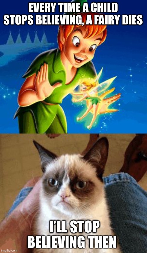 Grumpy Cat Does Not Believe | EVERY TIME A CHILD STOPS BELIEVING, A FAIRY DIES; I’LL STOP BELIEVING THEN | image tagged in memes,grumpy cat does not believe,grumpy cat | made w/ Imgflip meme maker