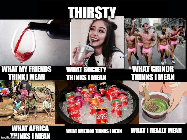 What my friends think I do | THIRSTY; WHAT GRINDR THINKS I MEAN; WHAT MY FRIENDS THINK I MEAN; WHAT SOCIETY THINKS I MEAN; WHAT I REALLY MEAN; WHAT AMERICA THINKS I MEAN; WHAT AFRICA THINKS I MEAN | image tagged in what my friends think i do,tea,thirsty,stay thirsty | made w/ Imgflip meme maker