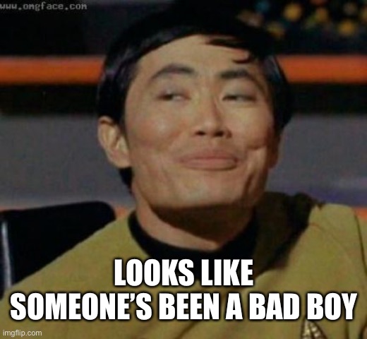 sulu | LOOKS LIKE SOMEONE’S BEEN A BAD BOY | image tagged in sulu | made w/ Imgflip meme maker