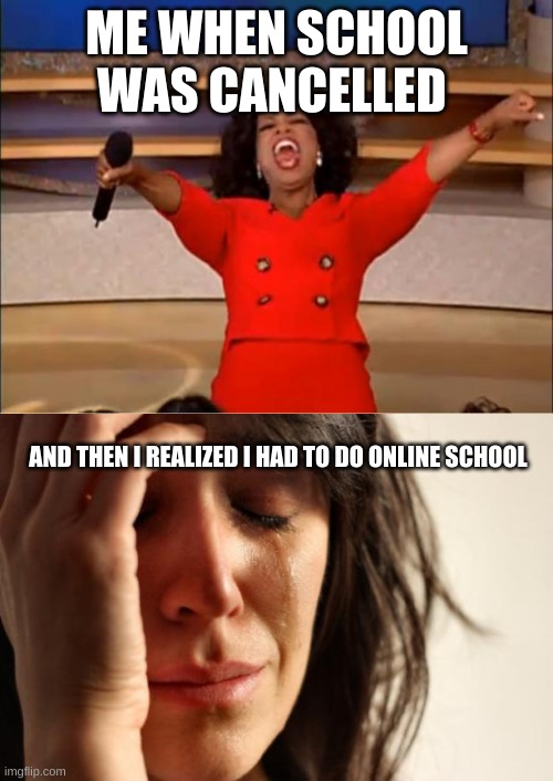 ME WHEN SCHOOL WAS CANCELLED; AND THEN I REALIZED I HAD TO DO ONLINE SCHOOL | image tagged in memes,first world problems,oprah you get a | made w/ Imgflip meme maker