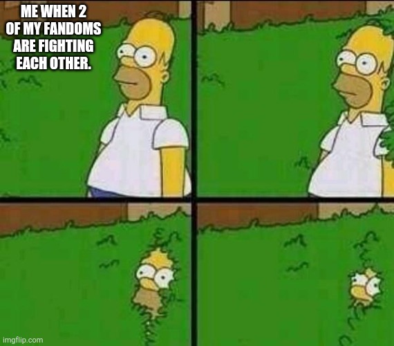 Homer bush | ME WHEN 2 OF MY FANDOMS ARE FIGHTING EACH OTHER. | image tagged in homer bush | made w/ Imgflip meme maker
