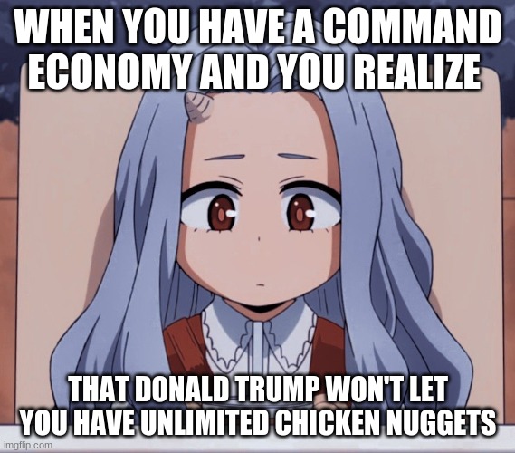 Poor child | WHEN YOU HAVE A COMMAND ECONOMY AND YOU REALIZE; THAT DONALD TRUMP WON'T LET YOU HAVE UNLIMITED CHICKEN NUGGETS | image tagged in memes,anime | made w/ Imgflip meme maker