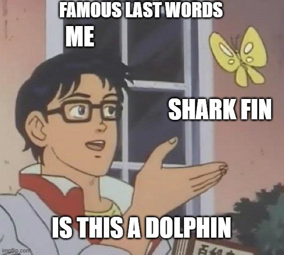 Is This A Pigeon Meme | FAMOUS LAST WORDS; ME; SHARK FIN; IS THIS A DOLPHIN | image tagged in memes,is this a pigeon | made w/ Imgflip meme maker