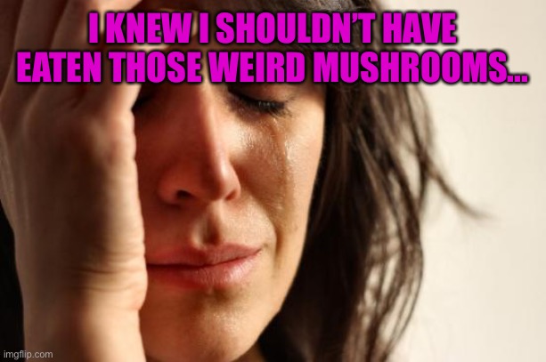 First World Problems Meme | I KNEW I SHOULDN’T HAVE EATEN THOSE WEIRD MUSHROOMS... | image tagged in memes,first world problems | made w/ Imgflip meme maker