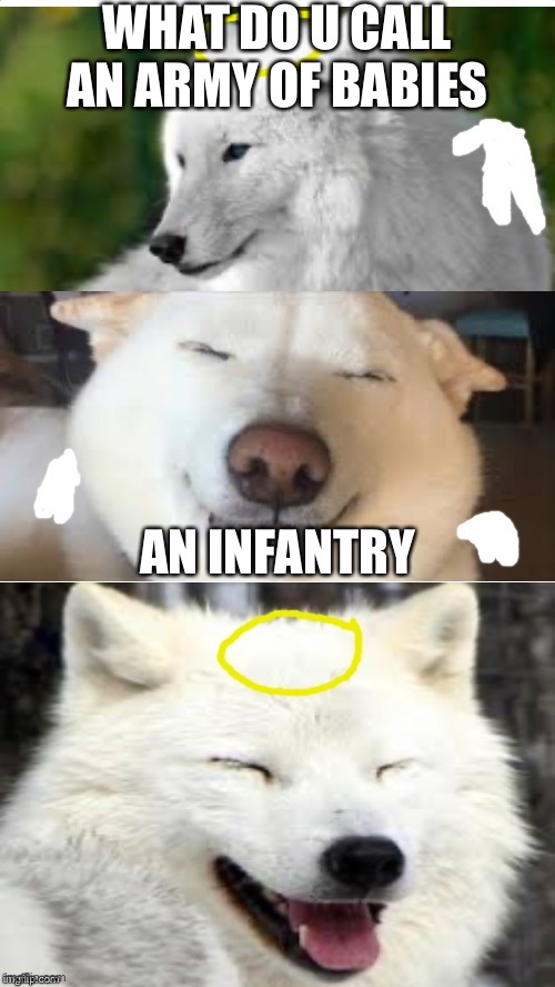 Joke of the week | WHAT DO U CALL AN ARMY OF BABIES; AN INFANTRY | image tagged in bad pug angel-wolf | made w/ Imgflip meme maker