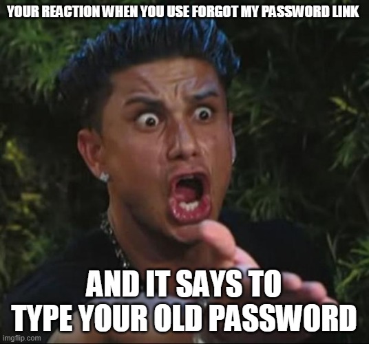 DJ Pauly D | YOUR REACTION WHEN YOU USE FORGOT MY PASSWORD LINK; AND IT SAYS TO TYPE YOUR OLD PASSWORD | image tagged in memes,dj pauly d | made w/ Imgflip meme maker