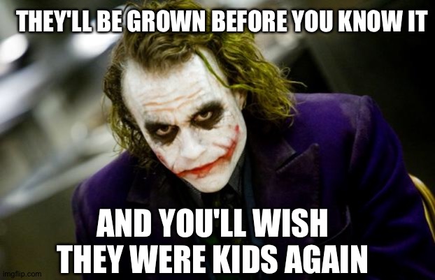why so serious joker | THEY'LL BE GROWN BEFORE YOU KNOW IT AND YOU'LL WISH THEY WERE KIDS AGAIN | image tagged in why so serious joker | made w/ Imgflip meme maker