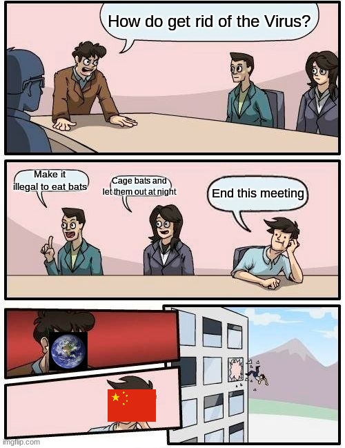 Boardroom Meeting Suggestion | How do get rid of the Virus? Make it illegal to eat bats; Cage bats and let them out at night; End this meeting | image tagged in memes,boardroom meeting suggestion | made w/ Imgflip meme maker