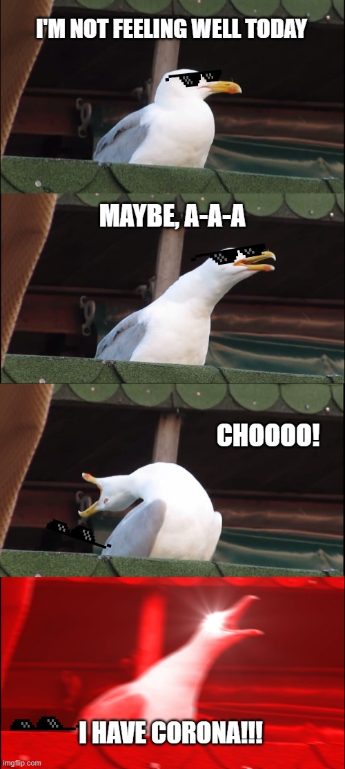 Inhaling Seagull | I'M NOT FEELING WELL TODAY; MAYBE, A-A-A; CHOOOO! I HAVE CORONA!!! | image tagged in memes,inhaling seagull | made w/ Imgflip meme maker