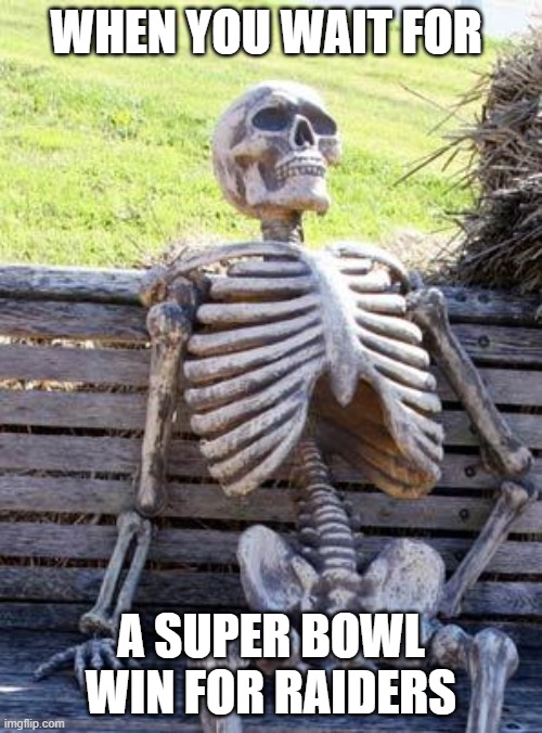 Waiting Skeleton | WHEN YOU WAIT FOR; A SUPER BOWL WIN FOR RAIDERS | image tagged in memes,waiting skeleton | made w/ Imgflip meme maker