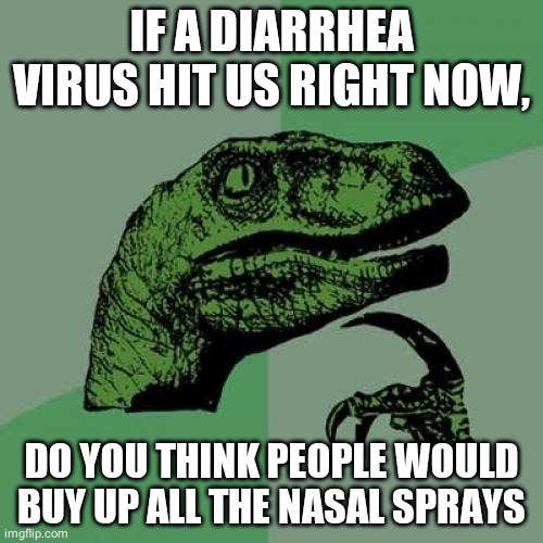 Philosoraptor Meme | IF A DIARRHEA VIRUS HIT US RIGHT NOW, DO YOU THINK PEOPLE WOULD BUY UP ALL THE NASAL SPRAYS | image tagged in memes,philosoraptor | made w/ Imgflip meme maker