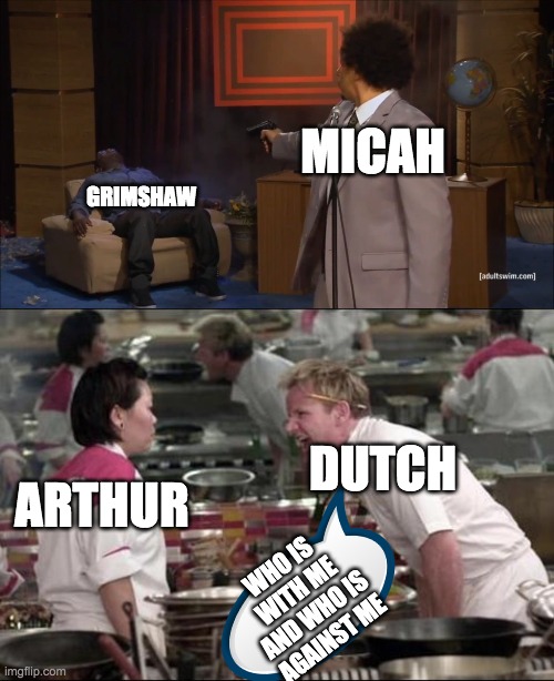 RDR2 LOGIC: | GRIMSHAW; MICAH; DUTCH; ARTHUR; WHO IS WITH ME AND WHO IS AGAINST ME | image tagged in memes,angry chef gordon ramsay,who killed hannibal,red dead redemption | made w/ Imgflip meme maker