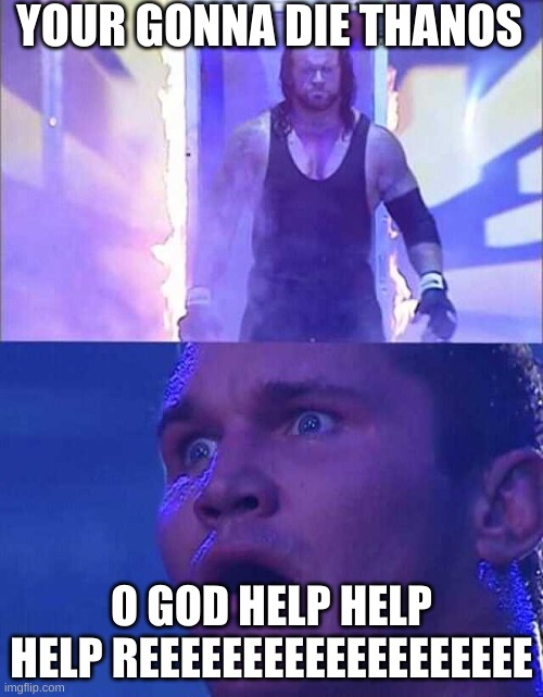 Randy Orton, Undertaker | YOUR GONNA DIE THANOS; O GOD HELP HELP HELP REEEEEEEEEEEEEEEEEEE | image tagged in randy orton undertaker | made w/ Imgflip meme maker