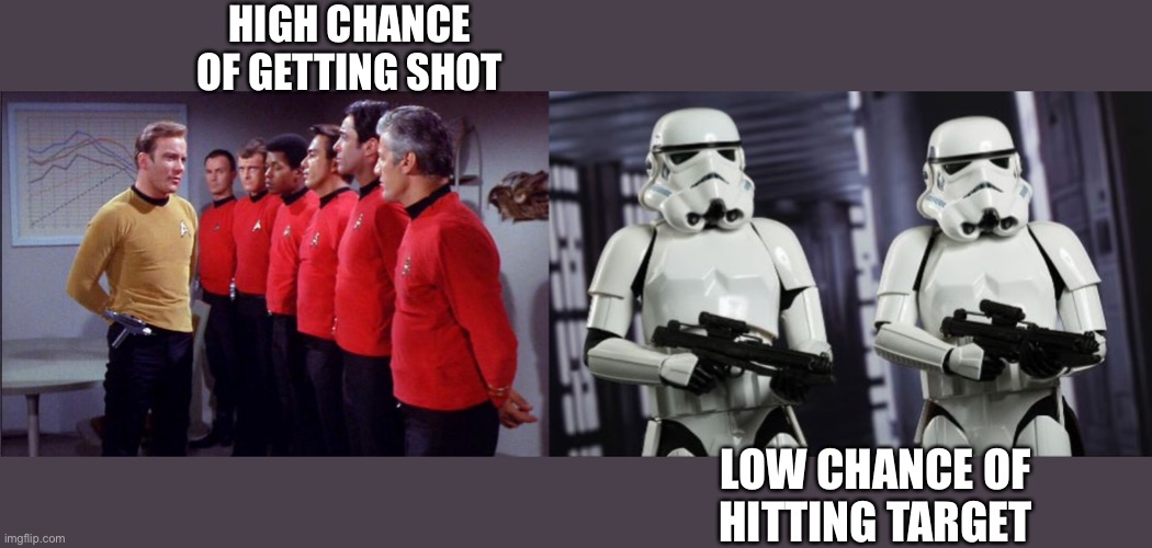 This could take a while. | HIGH CHANCE OF GETTING SHOT LOW CHANCE OF HITTING TARGET | image tagged in redshirts,two every day stormtroopers,memes,funny | made w/ Imgflip meme maker