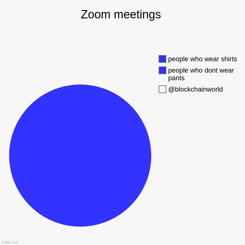 Zoom meetings | @blockchainworld, people who dont wear pants, people who wear shirts | image tagged in charts,pie charts | made w/ Imgflip chart maker