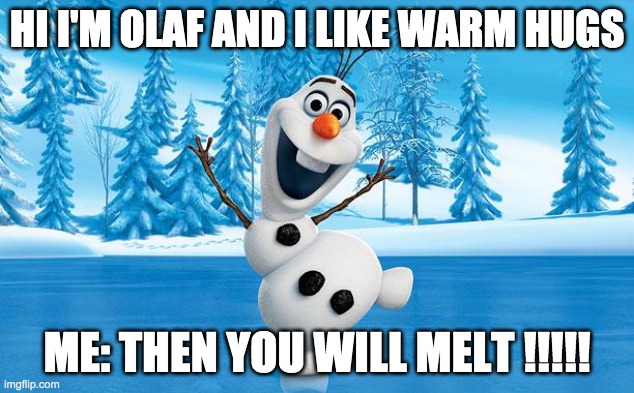 Frozen Olaff | HI I'M OLAF AND I LIKE WARM HUGS; ME: THEN YOU WILL MELT !!!!! | image tagged in frozen olaff | made w/ Imgflip meme maker