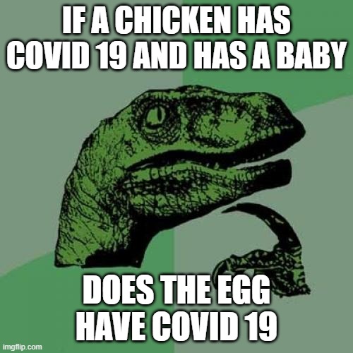 Philosoraptor Meme | IF A CHICKEN HAS COVID 19 AND HAS A BABY; DOES THE EGG HAVE COVID 19 | image tagged in memes,philosoraptor | made w/ Imgflip meme maker