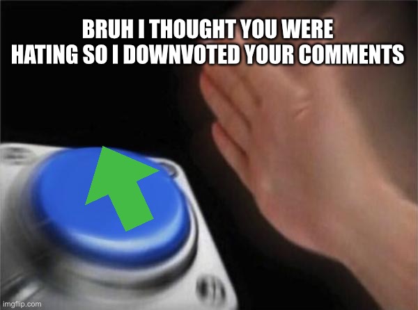 Blank Nut Button Meme | BRUH I THOUGHT YOU WERE HATING SO I DOWNVOTED YOUR COMMENTS | image tagged in memes,blank nut button | made w/ Imgflip meme maker