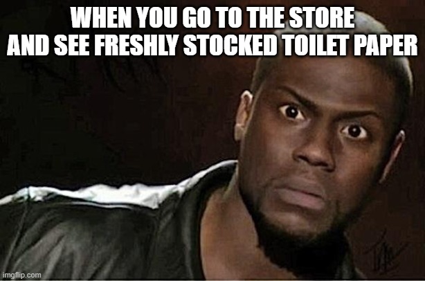 More Toilet Paper | WHEN YOU GO TO THE STORE AND SEE FRESHLY STOCKED TOILET PAPER | image tagged in memes,kevin hart | made w/ Imgflip meme maker