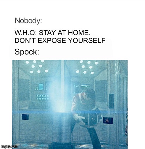 Nobody Spock | W.H.O: STAY AT HOME. DON’T EXPOSE YOURSELF; Spock: | image tagged in spock,star trek | made w/ Imgflip meme maker